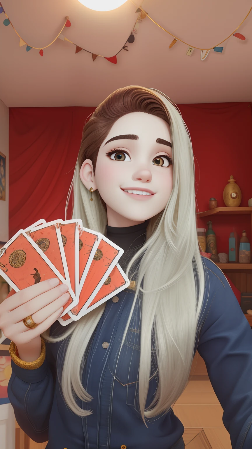 Uma jovem de 19 anos bonita com longos cabelos loiros, and hazelnut eyes, Curto e magro, card of Tarot, peito achatado, usando jeans. Pixar Disney fundo vermelho e dourado magia