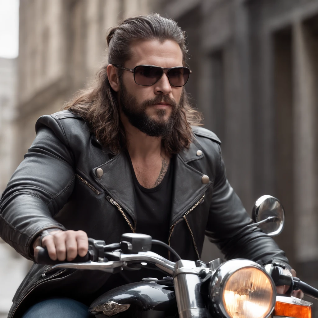 (best quality,ultra-detailed,realistic:1.37),concept art,loirão,motorcycle rider,30-year-old male,long-haired,bearded,kevin nash,sunglasses,black gloves,robust zeus,tattooed,giant biceps,biker,brock hurn,studio lighting,vivid colors,muscular physique,rough look,gritty atmosphere,hoodie,captured in action