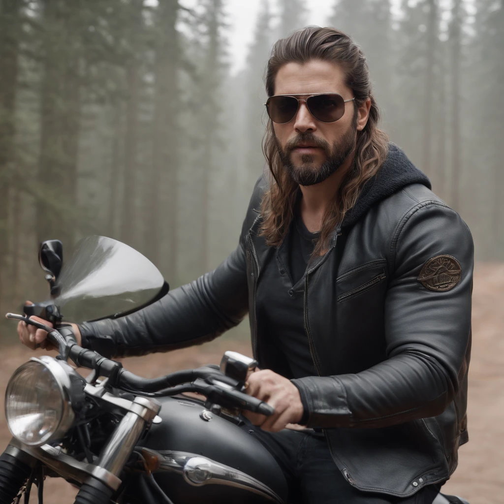 (best quality,ultra-detailed,realistic:1.37),concept art,loirão,motorcycle rider,30-year-old male,long-haired,bearded,kevin nash,sunglasses,black gloves,robust zeus,tattooed,giant biceps,biker,brock hurn,studio lighting,vivid colors,muscular physique,rough look,gritty atmosphere,hoodie,captured in action