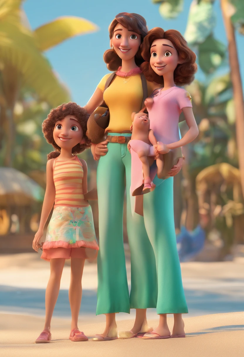 Estilo Pixar: Familia, Um pai, A mother and two girls. Uma menina de 5 anos e otra bebe de colo de 50 dias de vida. No fundo uma praia