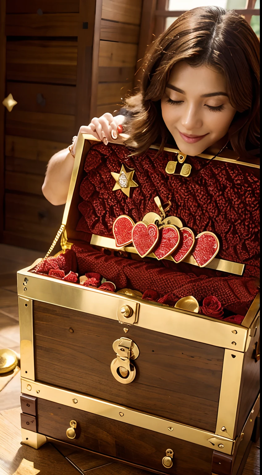 A hug emoji with a treasure chest, rosas e estrelas vermelhas e brancas