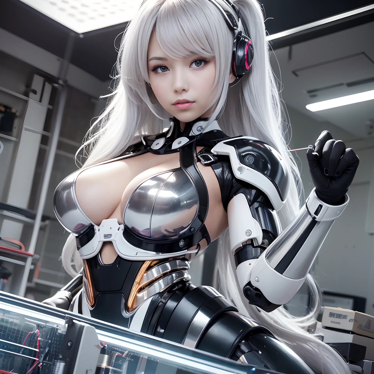 beauitful face， 1 Woman， The large， curves， （16k， RAW photos， top Quority， tmasterpiece： 1.2）， （HDR， photorealestic， realisticlying： 1.37） （The tube is attached to the body）， （Bikini cyborg robot parts））））， （light grey hair）， long whitr hair， wavey hair， Double tail， Medium shot， （seduct smile））， （黑The eye）， 二重まぶた， Princess scissors， from below， （full bodyesbian）， posing on a，，，in laboratory，（A tube connected to a blood vessel），（（A mechanical vertebrae attached to the back）），（（The mechanical neck is attached to the neck）），（Wires and cables are connected to the head and body），（character focus），scientific fiction，Perfect female image，perfect anatomia，ultraanatomy，Fulll body Shot，The relationship between up to 4 fingers and 1 thumb，Ball joints，