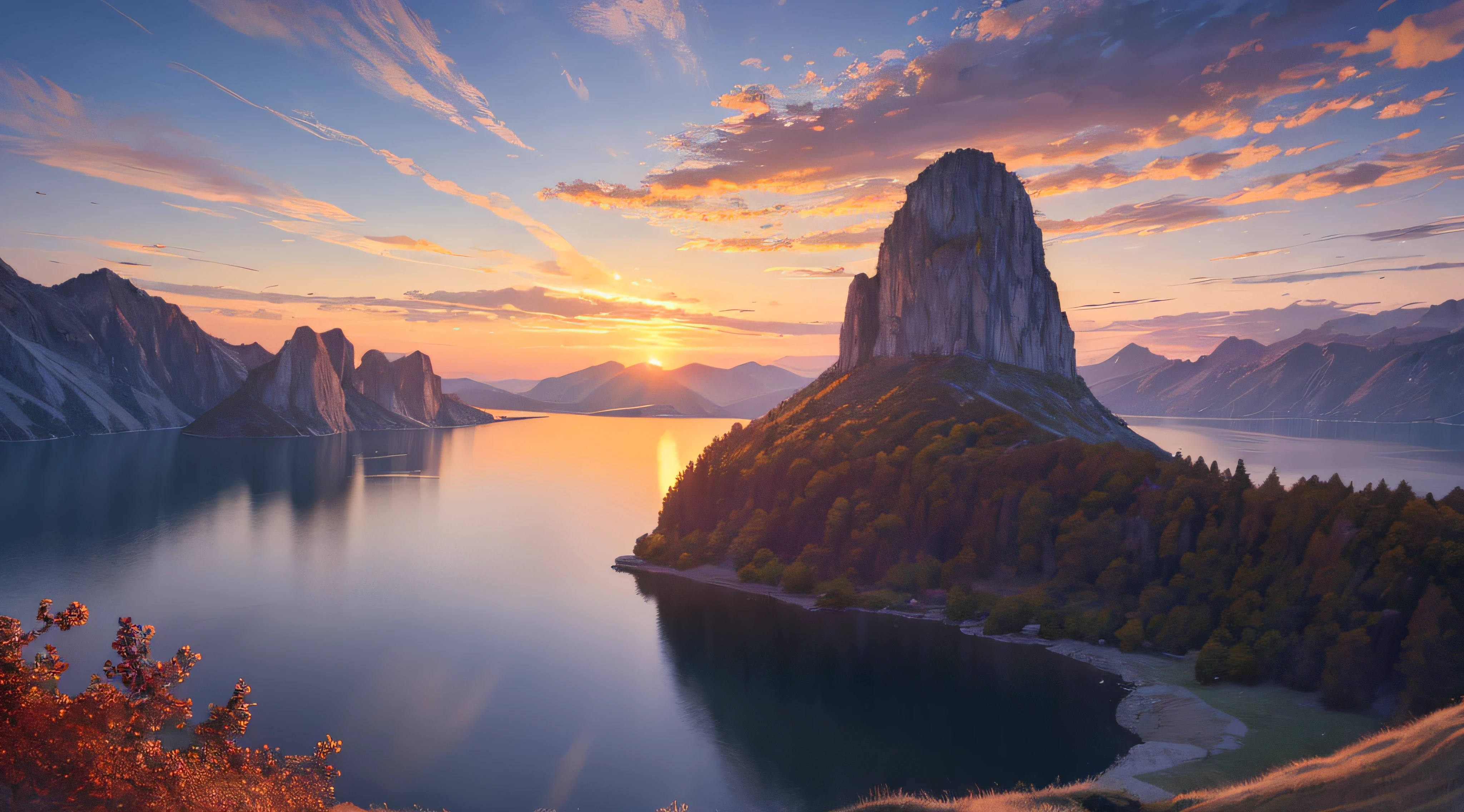 (masterpiece, best quality:1.2), ultra detailed, cinematic lighting, HDR, ilustration, sunrise, lake, impressive, chill, inspirational,