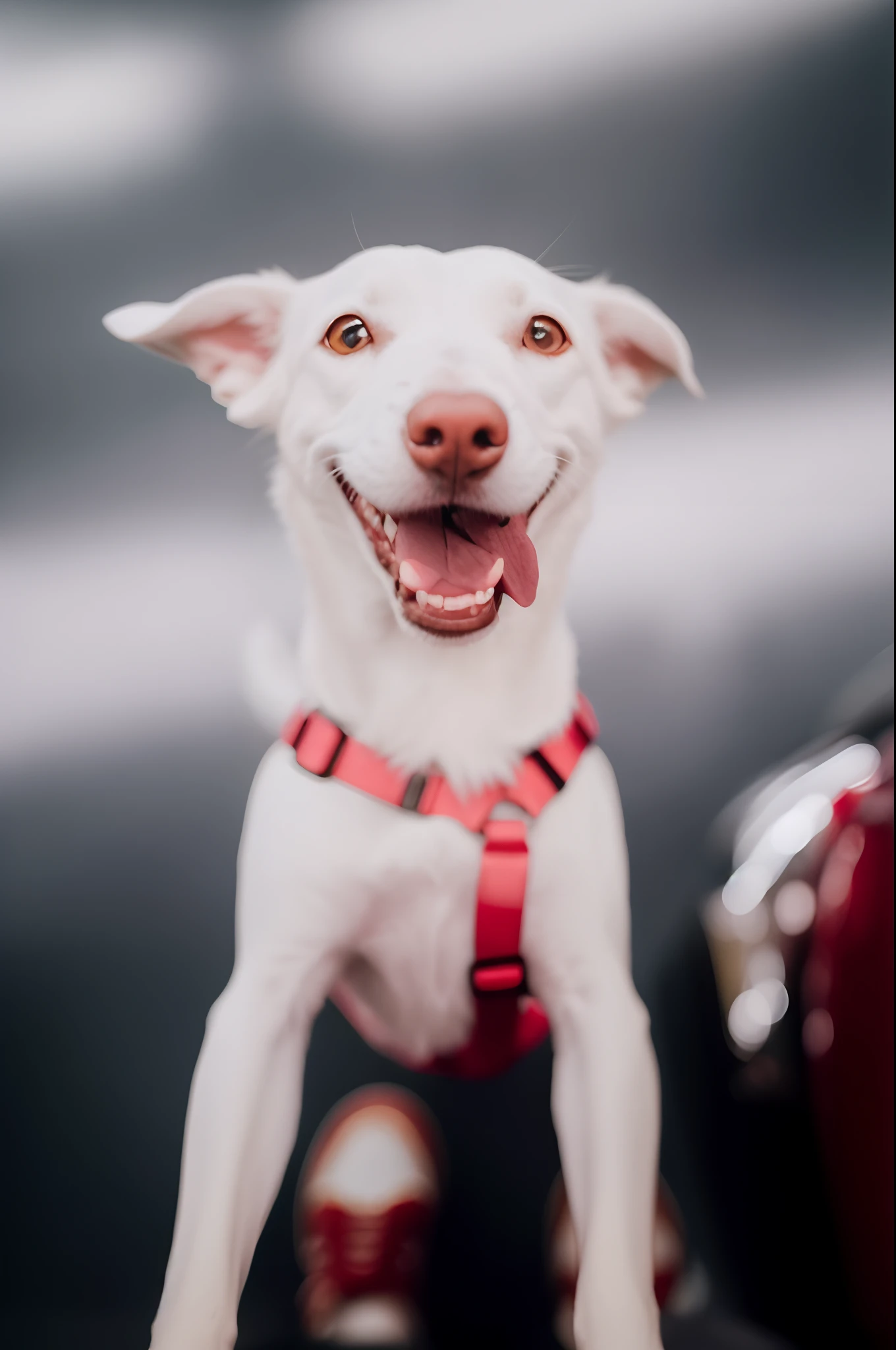 There's a white dog with a red harness next to a red car, happy dog, Jack Russel Terrier surpreendido, she is smiling and excited, excitado, with a happy expression, extremamente feliz, feliz com a boca aberta, muito animado, excited expression, foto altamente detalhada de feliz, happily smiling at the camera, um alambique de um feliz