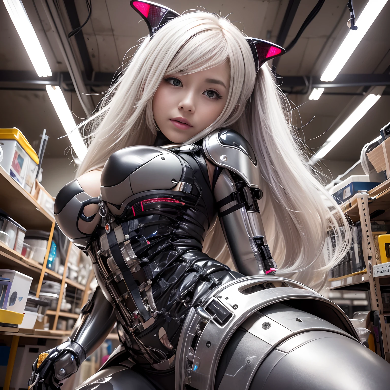 beauitful face, 1 Woman, The large, curves, (16k, RAW photos, top Quority, tmasterpiece: 1.2), (HDR, photorealestic, realisticlying: 1.37) (The tube is attached to the body), (Bikini cyborg robot parts)))), (light grey hair), long whitr hair, wavey hair, Double tail, Medium shot, (seduct smile)), (黑The eye), 二重まぶた, Princess scissors, from below, (full bodyesbian), posing on a,,,in laboratory,(A tube connected to a blood vessel),((A mechanical vertebrae attached to the back)),((The mechanical neck is attached to the neck)),(Wires and cables are connected to the head and body),(character focus),scientific fiction,Perfect female image,perfect anatomia,ultraanatomy,Fulll body Shot,The relationship between up to 4 fingers and 1 thumb,Ball joints,
