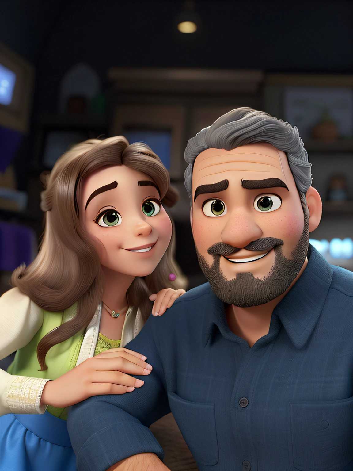 Um casal, ela loira clara, ele moreno claro com barba grisalho estilo disney pixar, alta qualidade, melhor qualidade