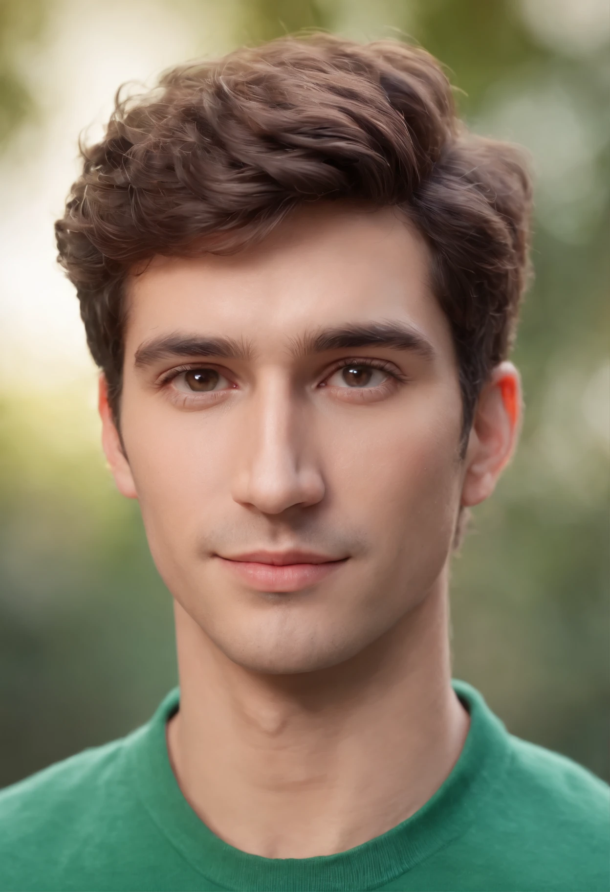 Brunette male character with short curly hair of cartoon 3d stylized rendering, com cavanhaque ralo, Round head and tapered chin, olhos mel, sorrindo, Thick eyebrows wearing green polo shirt (Estilo Pixar) (master part:1.2) (Bokeh) (best quality) (pele detalhada branca) (textura detalhada) (8k) (Cinematic lighting)