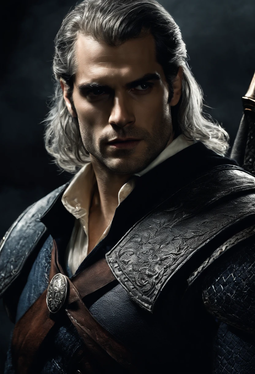 The Witcher, Henry Cavill, Henry Cavill's face, ultra quality Henry Cavill's face, full body, a sword on the back, holding in front of a witch, in front of a witch in the hand, black eyes, black eyes, {{{full body }}}, high quality dark background, highly detailed, high detail, ultra detailed, red light and cinematic blue,  depth