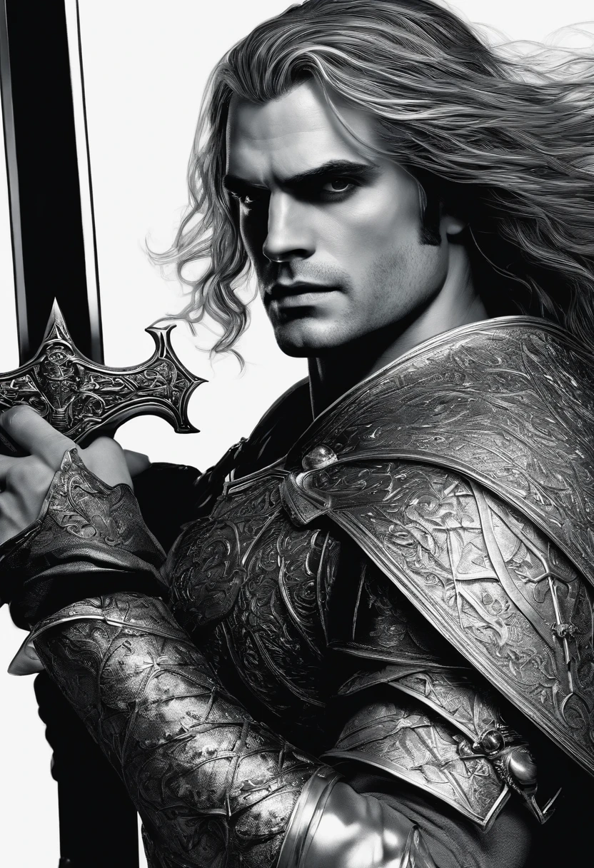 The Witcher, Henry Cavill, Henry Cavill's face, ultra quality Henry Cavill's face, full body, a sword on the back, holding in front of a witch, in front of a witch in the hand, black eyes, black eyes, {{{full body }}}, high quality dark background, highly detailed, high detail, ultra detailed, red light and cinematic blue,  depth