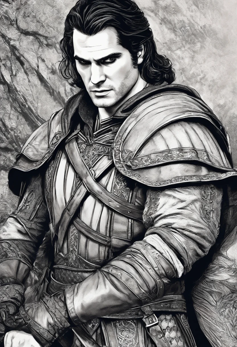 The Witcher, Henry Cavill, Henry Cavill's face, ultra quality Henry Cavill's face, full body, a sword on the back, holding in front of a witch, in front of a witch in the hand, black eyes, black eyes, {{{full body }}}, high quality dark background, highly detailed, high detail, ultra detailed, red light and cinematic blue,  depth