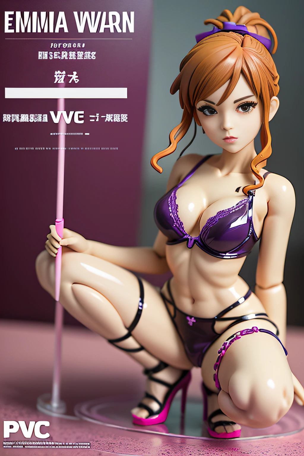 ((pvc figurine)) Emma Watson, lick a lollipop, un a sexy lingerie , squatting, seductive, seductive anime girl, anime figure, anime figurine, seductive. highly detailed, aoshima chiho, ( highly detailed figure ), pvc figurine
