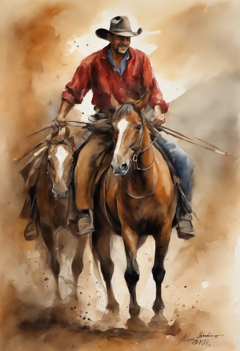 1 homem, aparentemente 36 anos, montado em um cavalo negro, brasileiro pele branca, nativo gaucho, Hook, CALVO, Bald man with hat covered over shoulders , jeans rasgado, Wide pants , Cinta Larga, bota de couro, espada, Red scarf with knot, cavalo forte