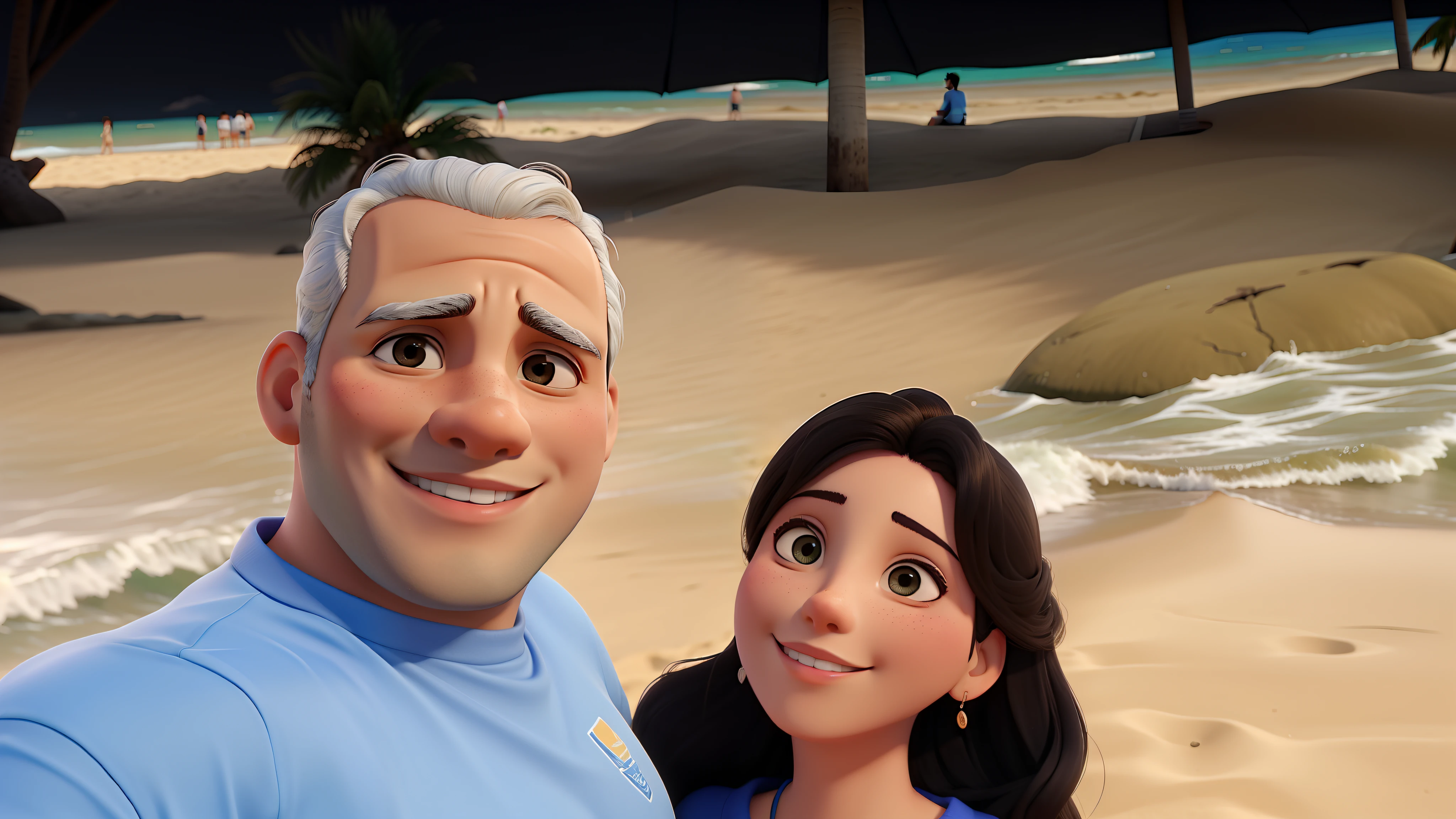 Casal em uma praia, lindo dia de sol.