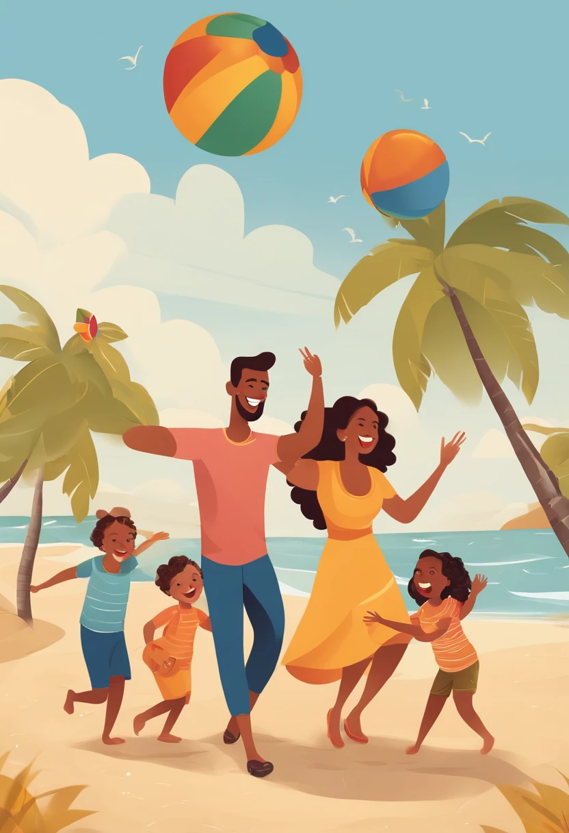 The image depicts a joyful scene of a happy family. um homem, A woman and her three children are gathered in a welcoming environment. Man is holding a beach ball, About to launch it in the air. The woman is smiling as she prepares to catch the ball, And the three kids are scattered around, ansiosos para participar da brincadeira. Everyone is dressed in a relaxed way, with summer clothes. The surrounding countryside is sunny, com areia, sea and a bright blue sky, creating the perfect backdrop for a day of family fun. The expressions of happiness and joy on everyone's faces reflect the warm family bond and love shared between them. This image conveys a moment of joy and togetherness worthy of laughter and happy family memories.