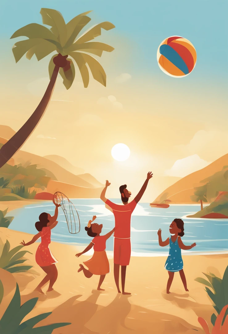 The image depicts a joyful scene of a happy family. um homem, A woman and her three children are gathered in a welcoming environment. Man is holding a beach ball, About to launch it in the air. The woman is smiling as she prepares to catch the ball, And the three ???? are scattered around, ansiosos para participar da brincadeira. Everyone is dressed in a relaxed way, with summer clothes. The surrounding countryside is sunny, com areia, sea and a bright blue sky, creating the perfect backdrop for a day of family fun. The expressions of happiness and joy on everyone's faces reflect the warm family bond and love shared between them. This image conveys a moment of joy and togetherness worthy of laughter and happy family memories.