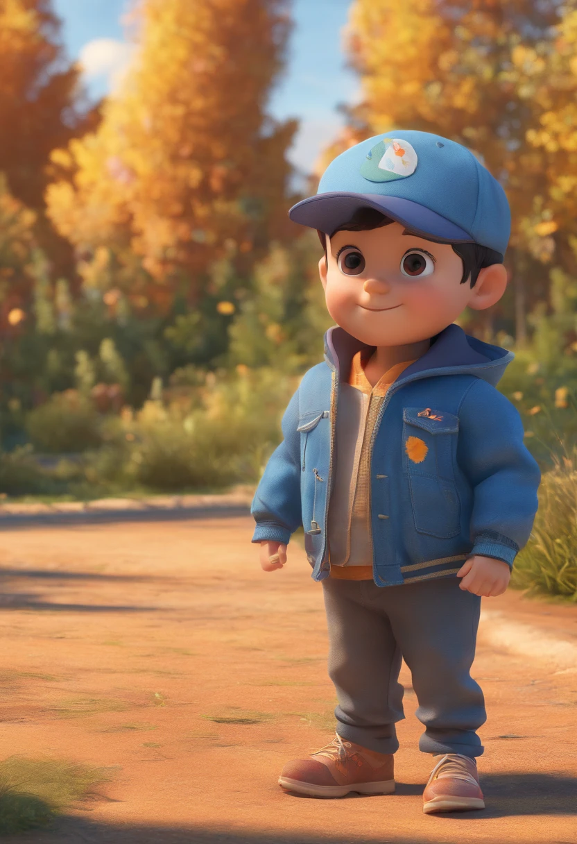pixarstyle a waist-length portrait of a little boy, smirk, cap, nature, natural skin texture, 4k textures, hdr, intricate, highly detailed, sharp focus, cinematic look, hyperdetailed