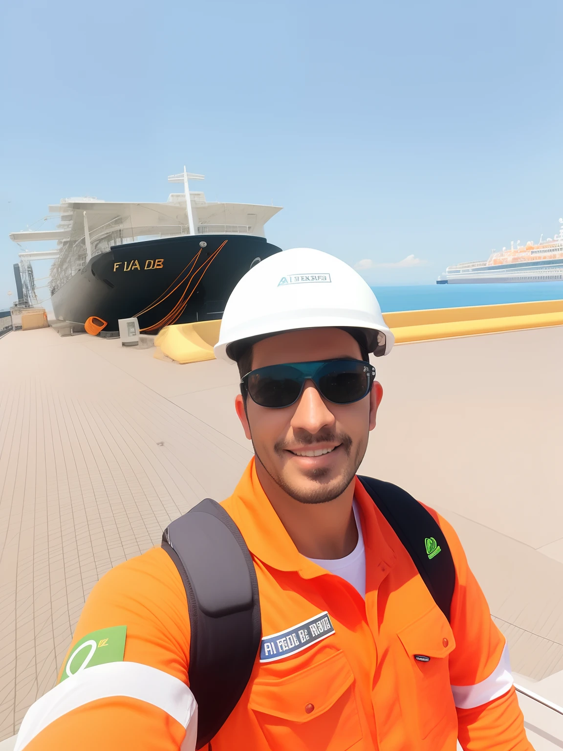Homem de terno de trabalho laranja e capacete parado na frente de um grande navio, david rios ferreira, Foto POV, Standing on the deck of the ship, selfie shot straight on angle, standing on a ship deck, Andreas, Fotografia selfie 8k, Henry Alvim Correa, on the deck of a ship, foto selfie, andrea rocha