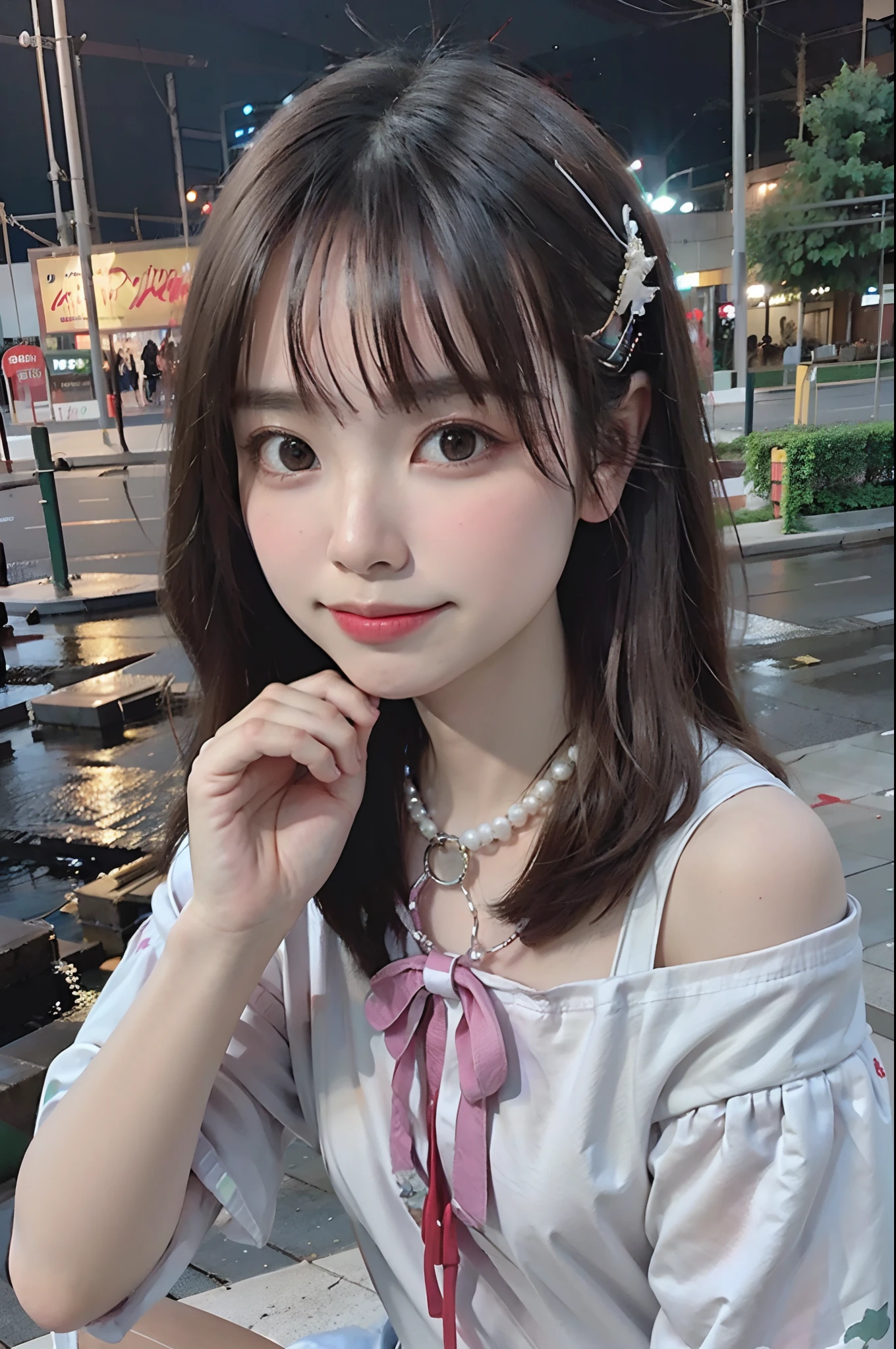 (night view:1.5),(8k, RAW photo, ultra high res, best quality, masterpiece:1.2), (realistic illustration), (extremely detailed CG unity 8k wallpaper), masterpiece, absurdres, ultra high res,(photo realistic:1.4),1 girl, 21 yo,japanese girl,(smile:1.2),medium breasts,brown dark hair, detailed beautiful skin, half body shot, summer clothes,off shoulder,hime cut,hair ornament,necklace,