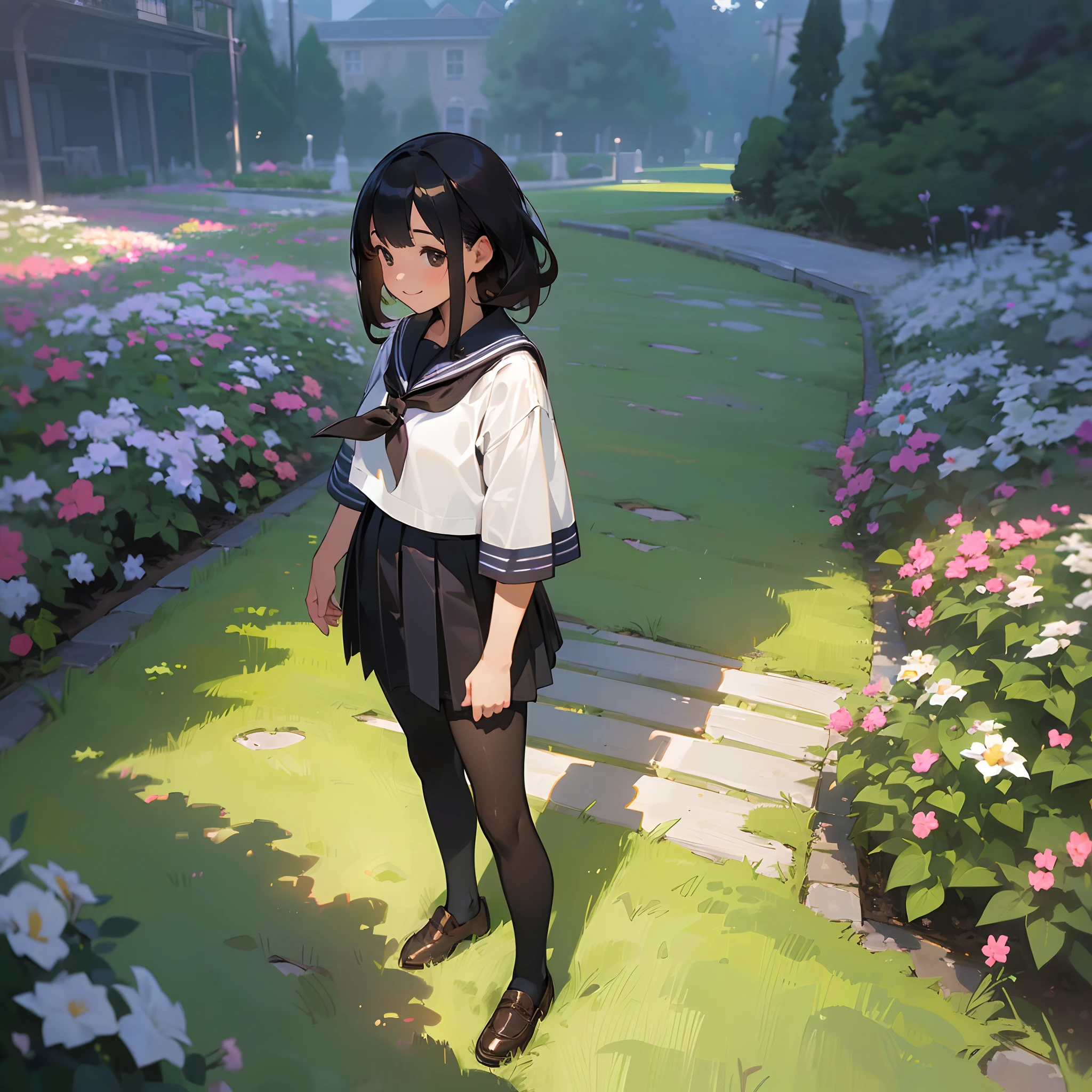 (Best Quality,High resolution,Ultra-detailed,Photorealistic:1.37),peaceful ambiance,(plein air,garden),Teenage girl standing alone,Beautiful detailed features,Cute smile,(Black bob hair),Navy sailor suit,Pleated skirt,Black tights,Brown leather shoes.