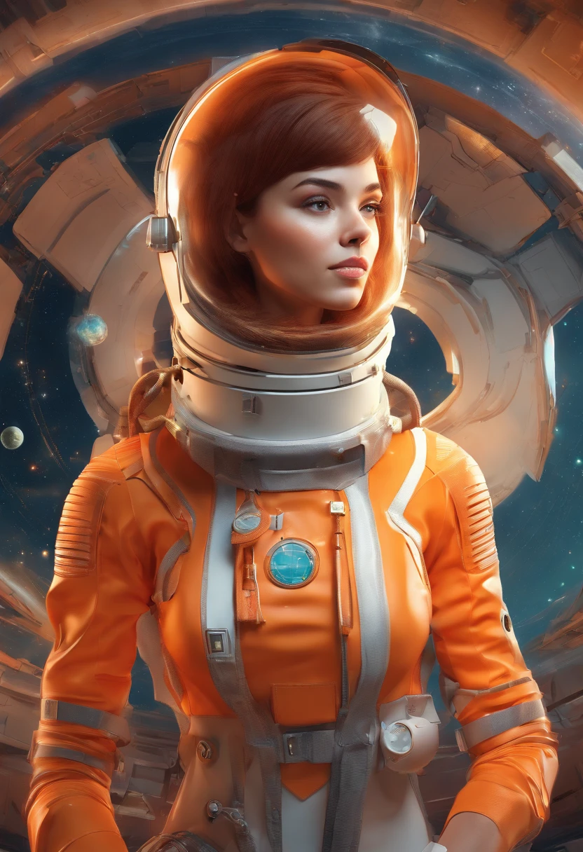 Imagem de uma mulher em um traje futurista com uma nave espacial ao fundo, arte do filme, na frente de um fundo laranja, inspirado em Robert McGinnis, protagonista feminina, megaestrutura em segundo plano, Retrato de um astronauta de IA, Astronautas, um astronauta, Retrato de um esqueleto de astronauta, android perfeita, Frank Franzzeta e Sakimichan