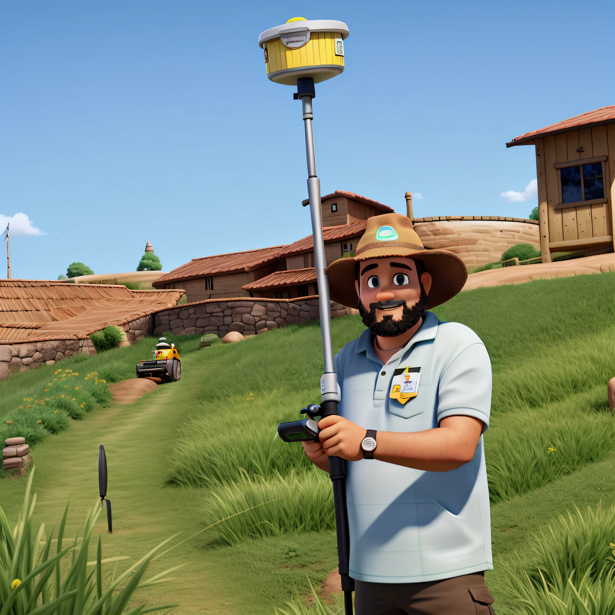 land surveyor holding a trimble gps, disney pixar style, green grass background, brown hat, high quality, best quality