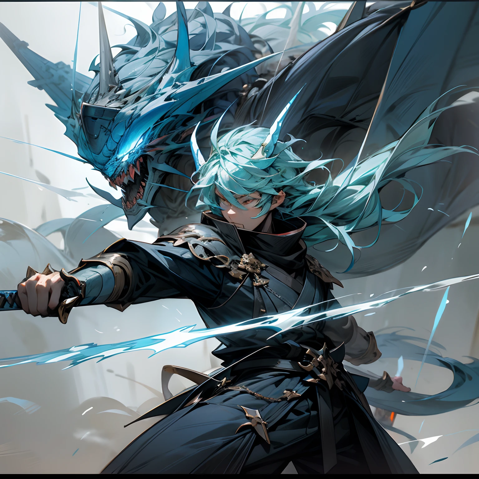 anime style poster That say"Ferry Dragon Thunder Child",The knight, carrying a lightning blue sword, wielding it towards a demon king, possessing lightning blue wings and blue dragon horns