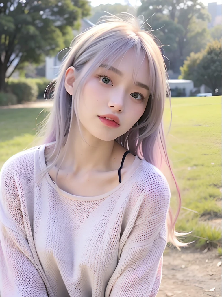 mix4,(top-quality), (Photorealsitic),(A little rural background:1.2), 1womanl, The upper part of the body, High Detail Face,, (Silver hair)、 (8K)、(Long bangs:1.5)、(medium-Long hair:1.6)、Strong eyes、Delicate and realistic skin and hair、(cowboy shot:1.5)、Oversized Sportswear、(Bleached pale purple hair:1.5)、Less hair、adultlike face、Looking here、(Clothing that covers the shoulders:1.5)、(Winter clothes:1.5)、(tilt your head:1.3)、inner colored、1 persons、Dramatic、Layered Hair Color、model poses、Twisting the body、Beautiful body lines、(mode:1.8)、Cool、(Sharp eyes:1.5)、straight haired、moderno、Edgy hairstyles、You can see all the hair、