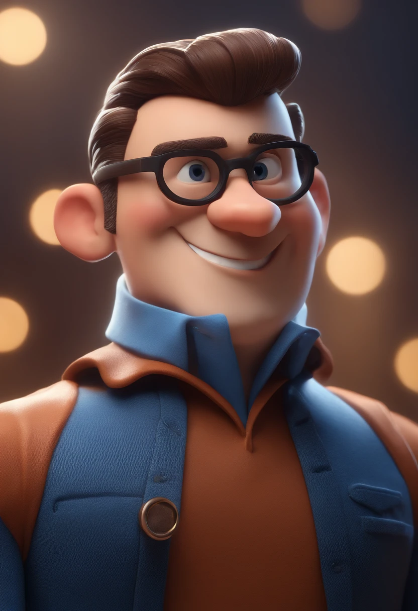 Cartoon character of a man with black glasses and a blue shirt, animation character, Caractere estilizado, animation style rendering, 3D estilizado, Arnold Maya render, 3 d render stylized, toon render keyshot, Personagem 3D, Personagem 3D, 3d rendering stylized, 3 d character render, personagem de desenho animado, Personagem de close up, Pose de personagem, (Estilo Pixar) (master part:1.2) (Bokeh) (best quality) (pele detalhada) (textura detalhada) (8k) (argila) (Cinematic lighting) (foco nítido