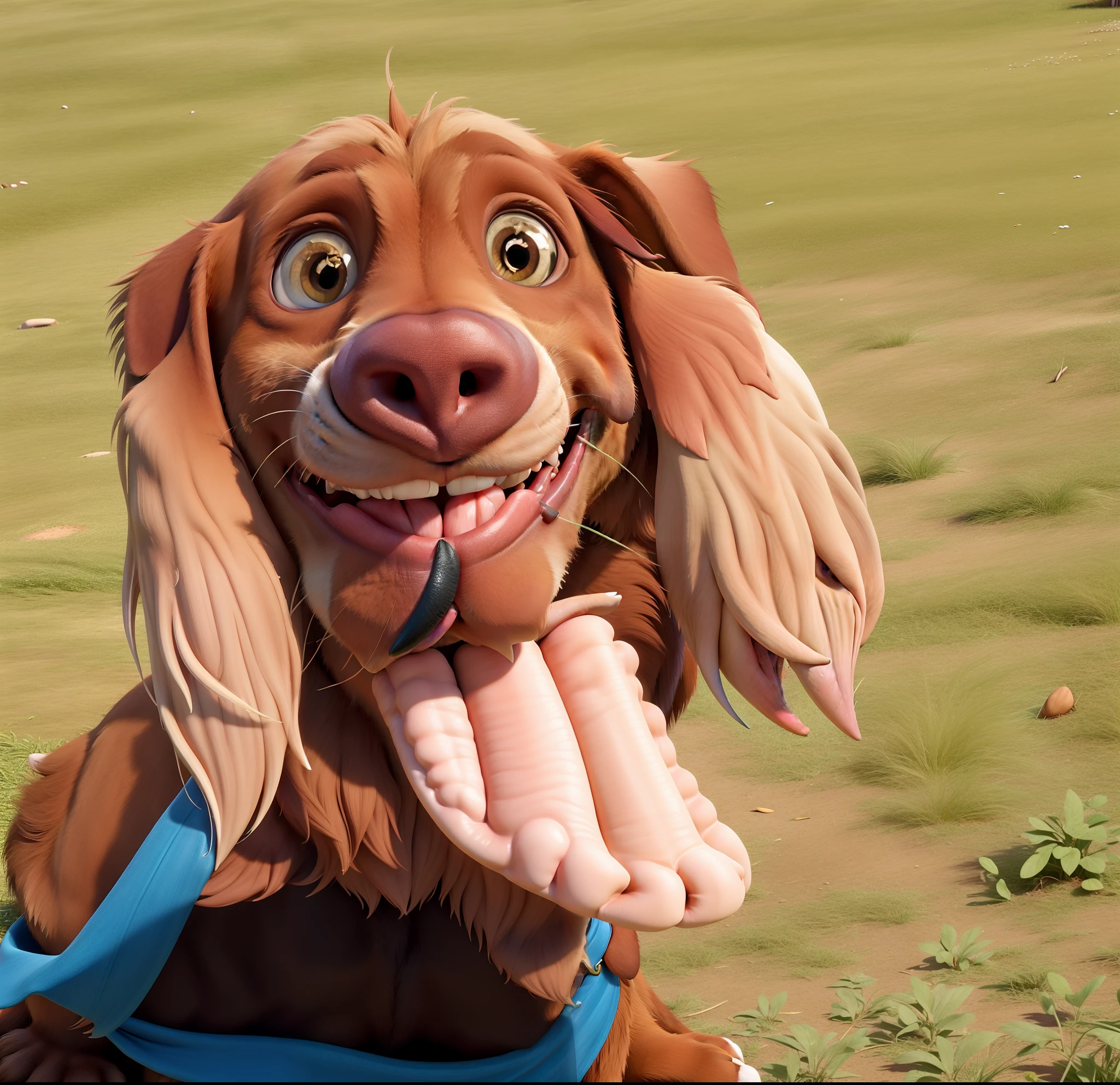 Obra-prima, de melhor qualidade, Irish Setter Dog, marrom avermelhado, feliz, focinho longo orelhas longas lindo, Long protruding tongue, aparecendo dentes, Almond-colored eyes, feliz, cao grande