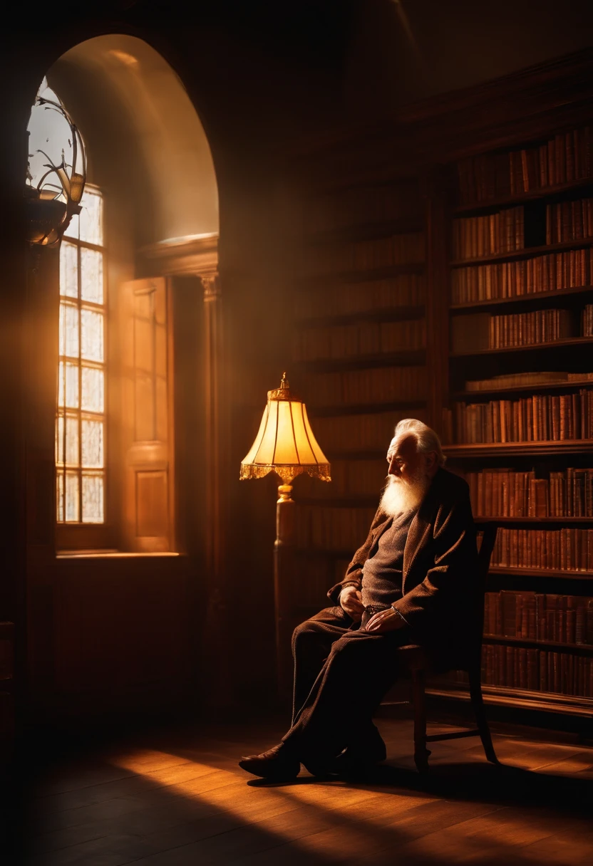 A wise old man standing in front, illuminated by the light of a lamp, against the backdrop of a library