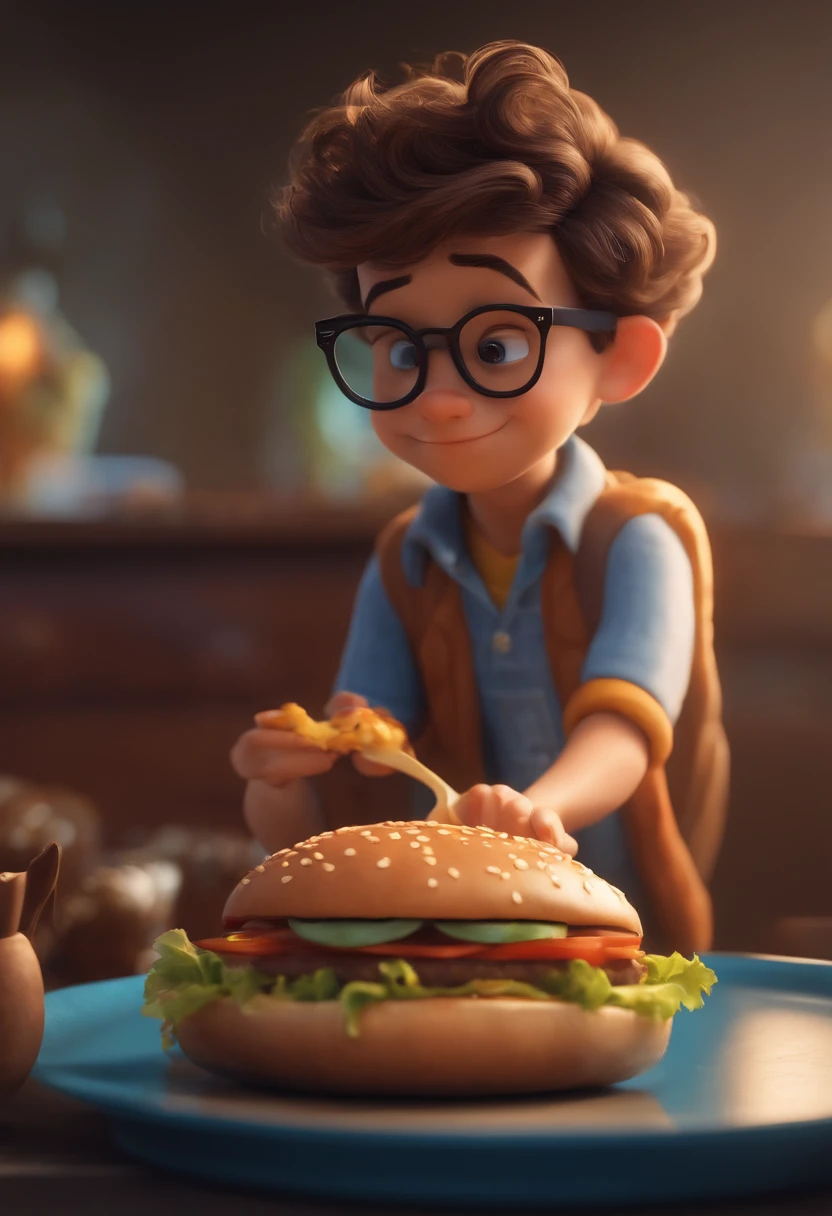 Make a Boy, He's hungry, como Disney Cartoon, He's eating hamburger, Pixar, ..3d, Disney, cabelo branco, 41 anos, wears glasses, Branco
