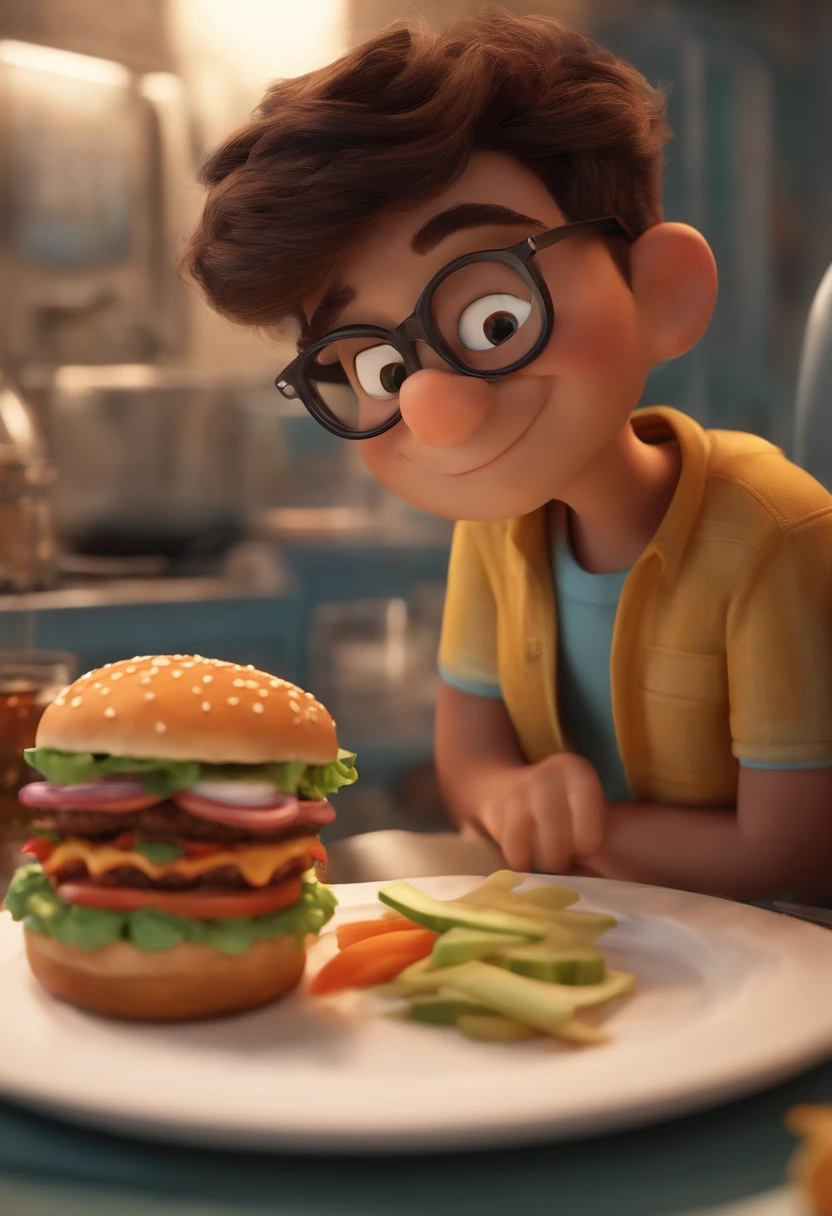 Make a Boy, He's hungry, como Disney Cartoon, He's eating hamburger, Pixar, ..3d, Disney, cabelo branco, 41 anos, wears glasses, Branco