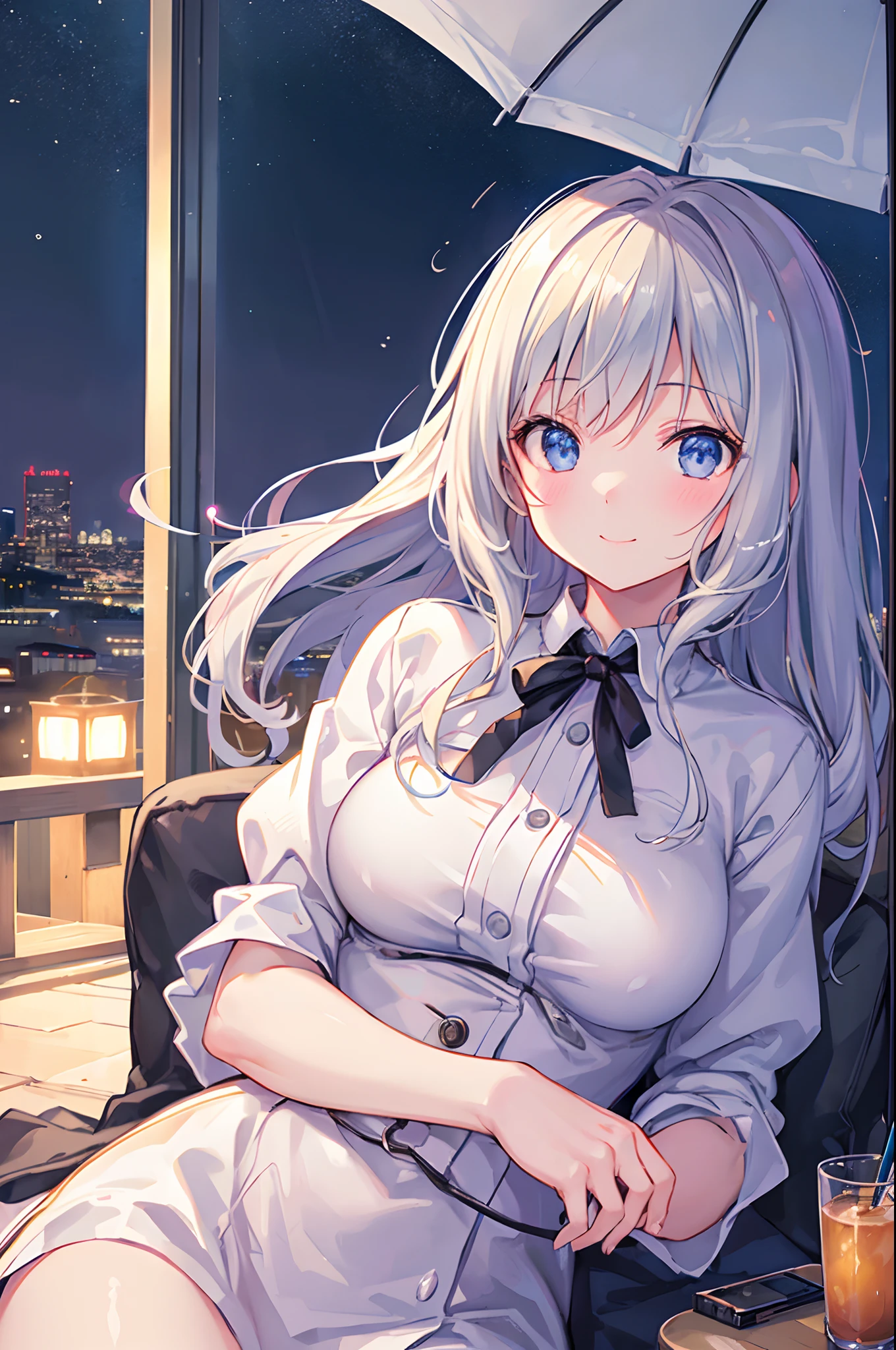 Mofumofu、oxytocin、(RAW Photos, Best Quality), (Realistic, Photorealistic: 1.2), (Round face: 1), 1 girl, Take outdoor selfies, (High Detail Skin: 1.2), (Puffy eyes), (Lying Silkworm), Smile, Soft lighting, High quality, Cityscape, sky line, Night, Rain, Wet, Professional Lighting, Photon mapping, Radio City, Physically Based Rendering,