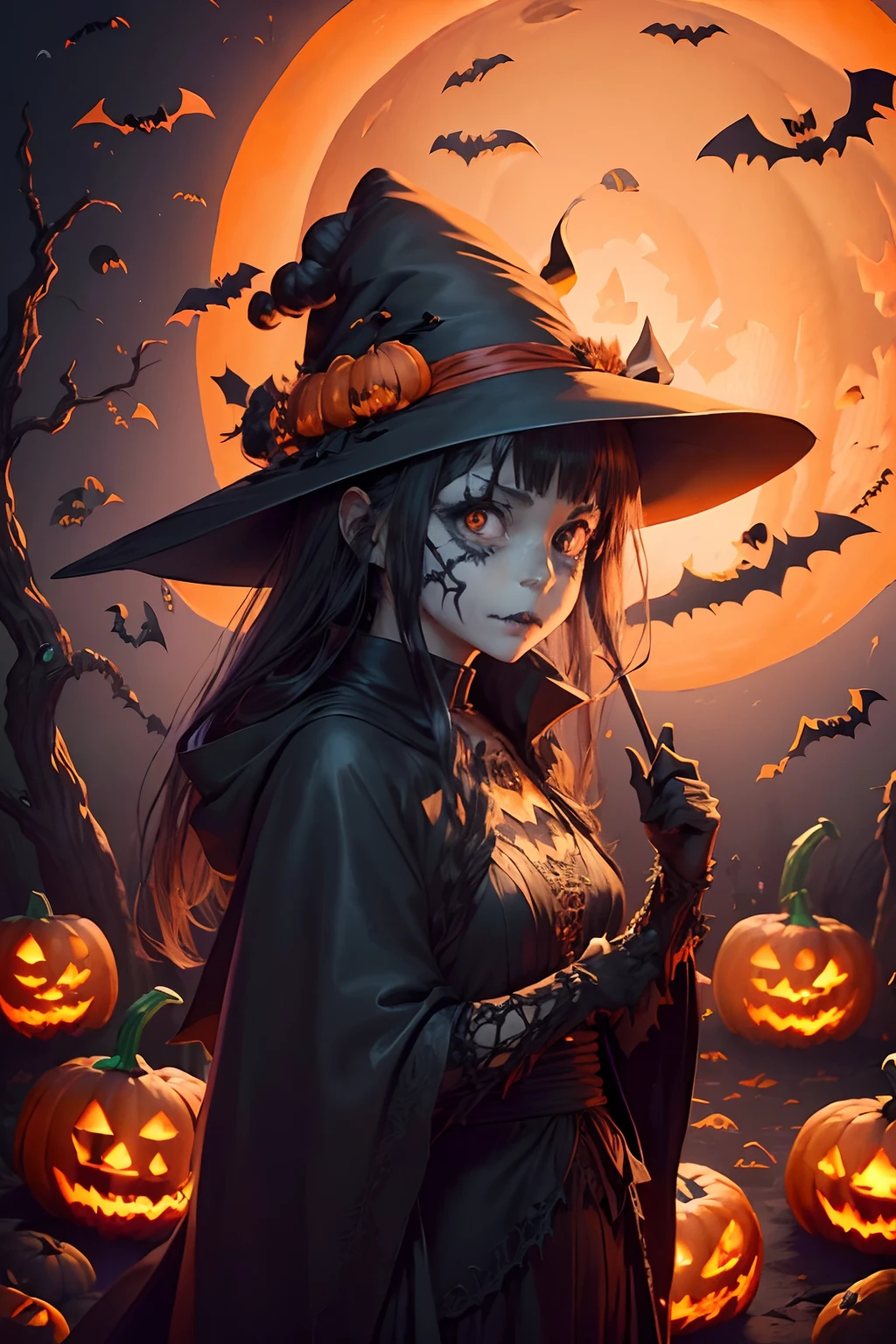 A woman in a witch costume holding a knife in front of a full moon ...