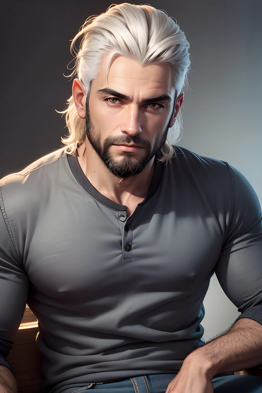 um jovem incrivelmente bonito e quente de 40 anos com cabelos loiro escuro curtos e olhos castanhos claros, angular jaw, face da caixa, medium beard, alto e magro, vestindo uma camisa branca, jeans & Botas. dark gray background and studio lighting, Yearbook pose, close-up do personagem, retrato headshot do personagem, close-up do personagem.