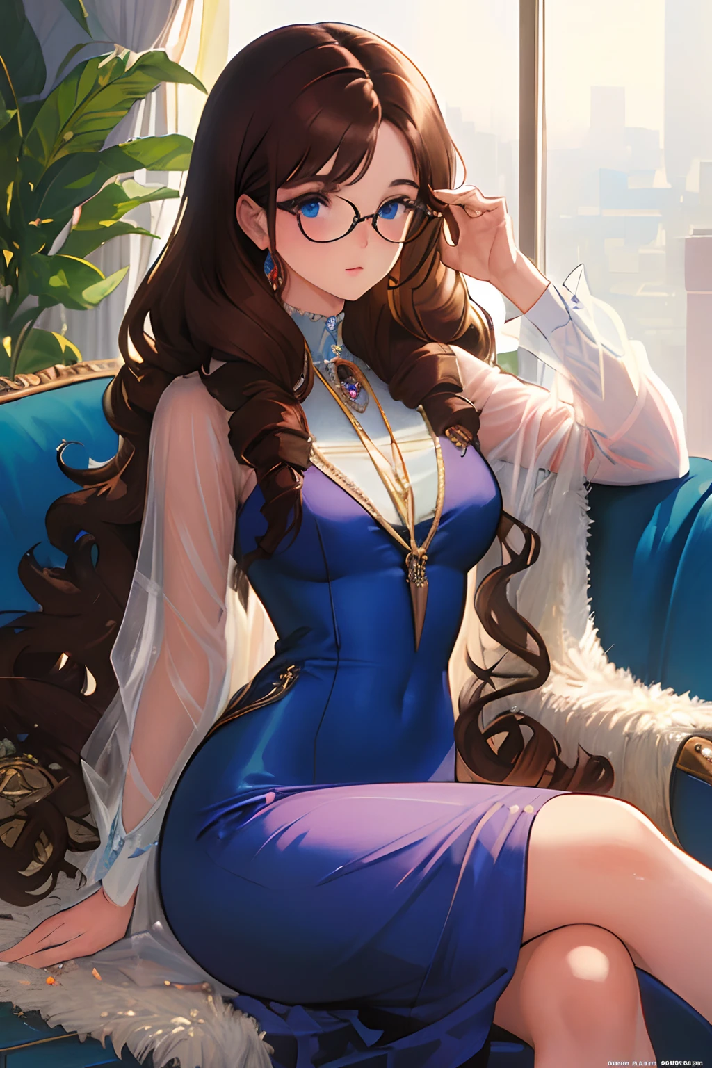(masterpiece:1.3), best quality, official art, magazine cover, ultra detailed, 1girl, 1980s \(style\), elegant dress, living room, sitting on sofa, long hair, curly hair, brown hair, blue eyes, glasses, jewelry, art by [Abbott Handerson Thayer|Abram Arkhipov],