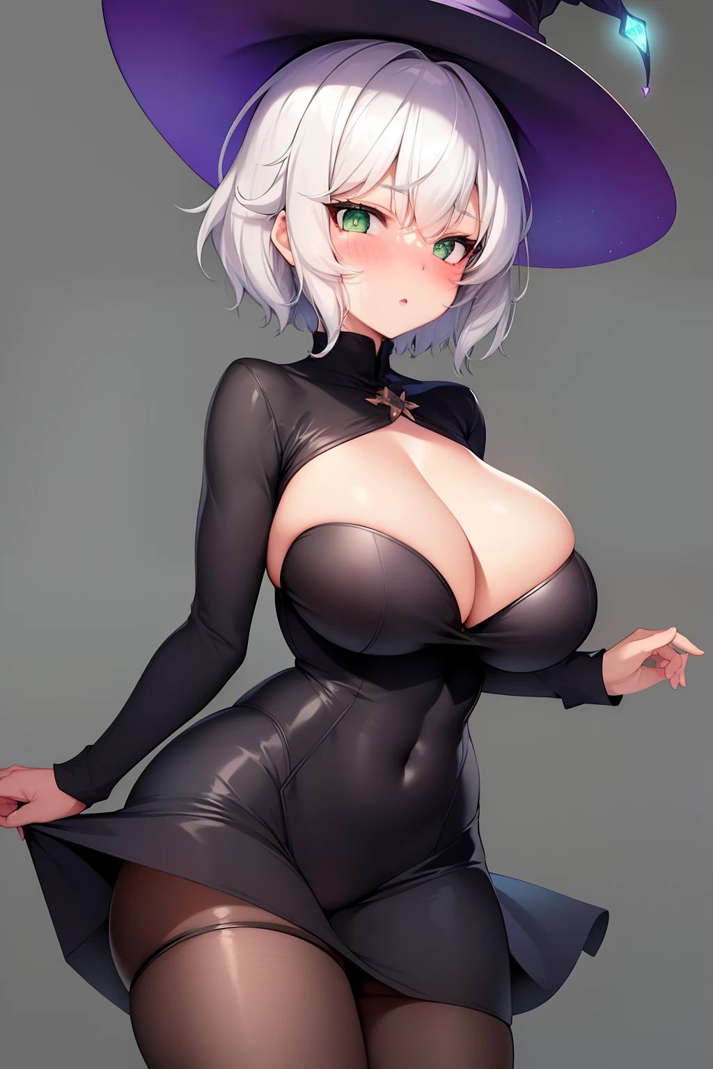 girl, short hair, white hair, light green eyes, violet witch hat, underwear, big breasts, staring, blushing, black background,