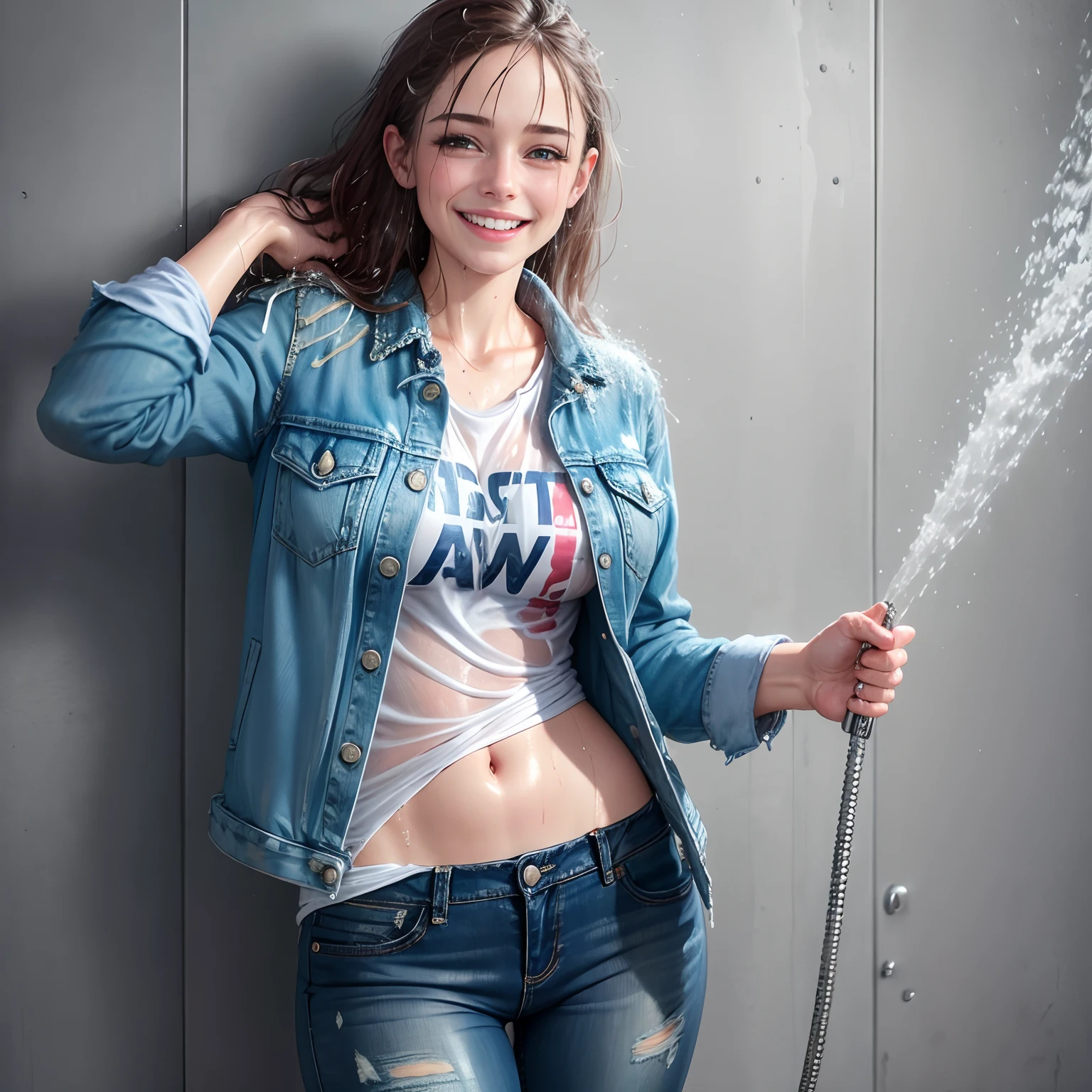 Woman showering in jeans and denim jacket, soaked, wet clothes, dripping wet, smiling, looking at viewer