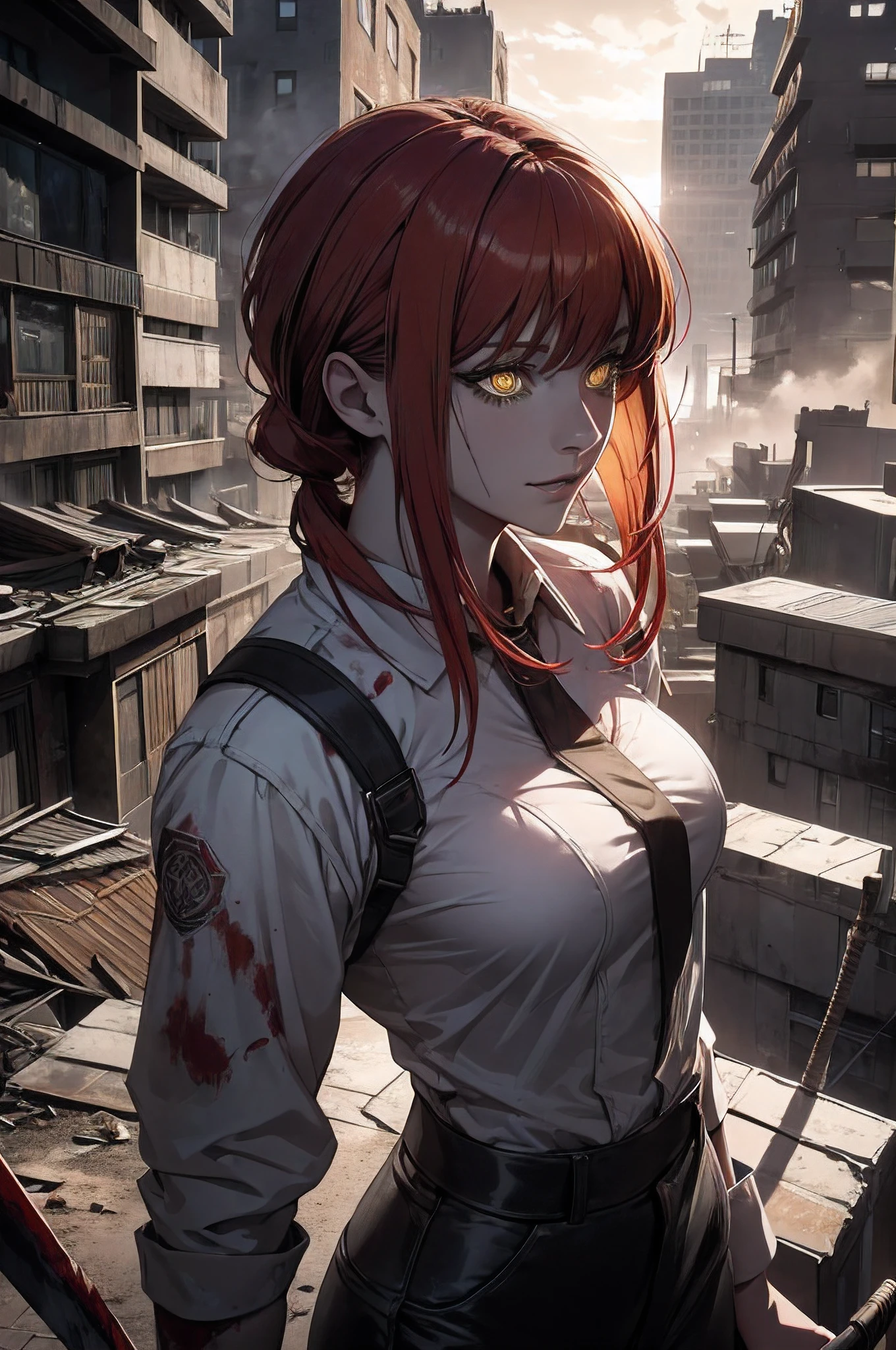 (detailed,realistic) Makima from Chainsaw Man, beautiful detailed yellow eyes, beautiful detailed lips, long eyelashes, flowing red hair, intense gaze, confident smile, holding a blood-soaked sword, surrounded by a dark and twisted aura, standing on a rooftop in a post-apocalyptic city, with buildings in ruins and smoke rising in the background, dramatic lighting casting deep shadows and highlighting the details on her face and the textures of her clothes, creating a captivating and powerful atmosphere.