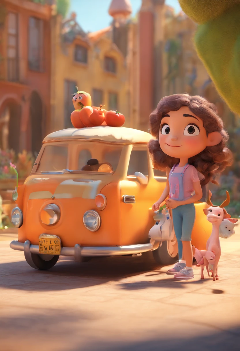 Estilo Pixar: Familia, Um pai, A mother and two girls. Uma menino de 6 anos e outro de 2 anos . Uma fazenda com vacas lindas e marrom .