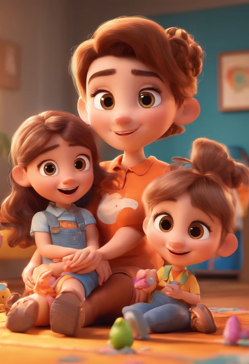 Estilo Pixar: Familia, Um pai, A mother and two girls. Uma menino de 6 anos e outro de 2 anos . Uma fazenda com vacas lindas e marrom .