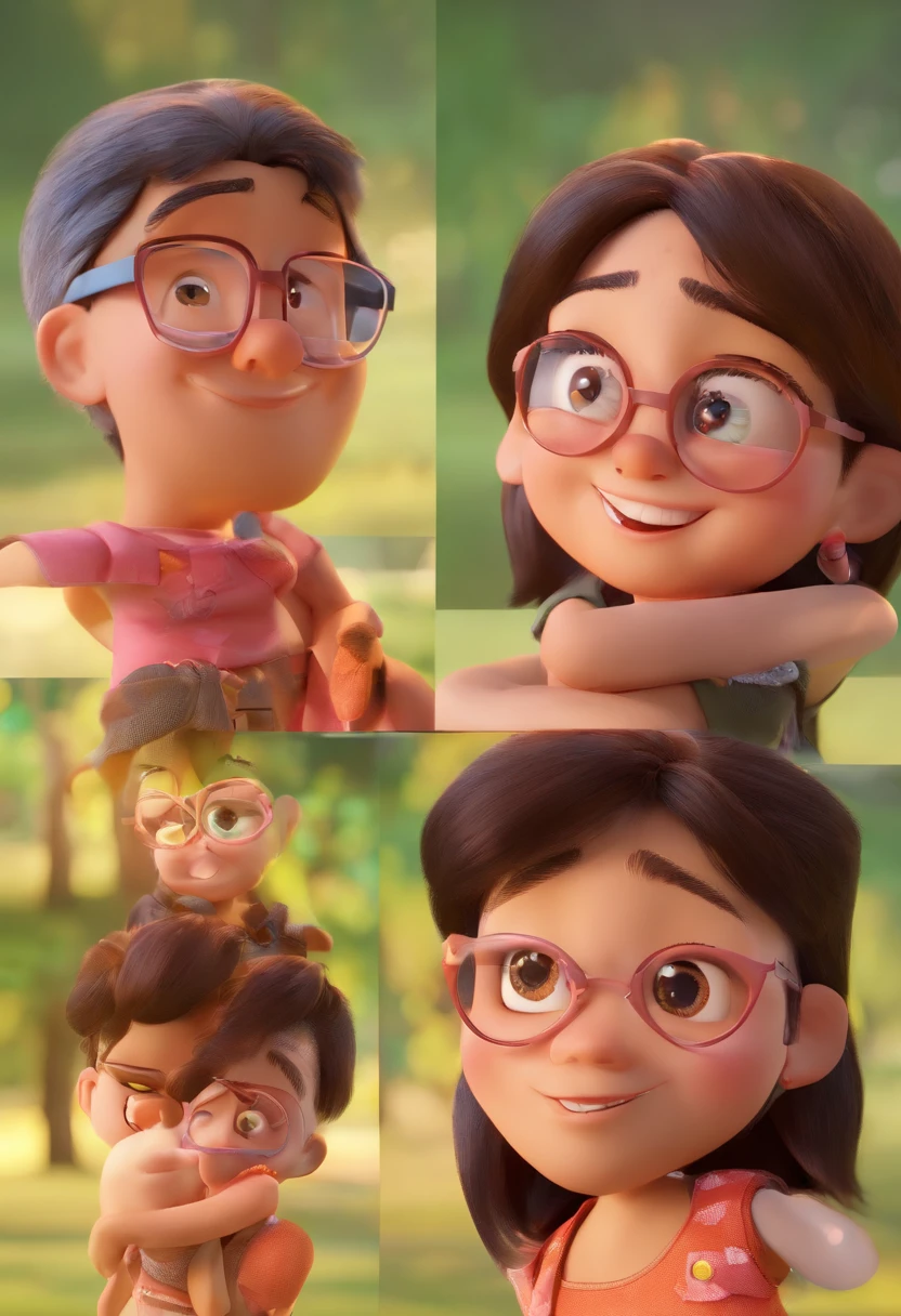 Estilo Pixar: Familia, Um pai, A mother and two girls. Uma menino de 6 anos e outro de 2 anos . Uma fazenda com vacas lindas e marrom .
