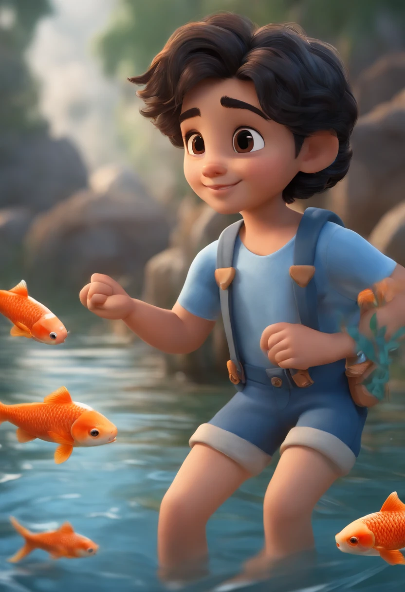 movie picture quality,style of disney animation,A little boy swims in the sea with a koi in his arms,short detailed hair,Denim suspenders,The barefoot,depth of fields,high light,Real light,Ray traching,oc rendered,Hyper-realistic,best qualtiy,8K,Works of masters,super-fine,Detailed pubic hair,Correct anatomy,sharp focus on eyes,Bokeh,Facial features are carefully depicted