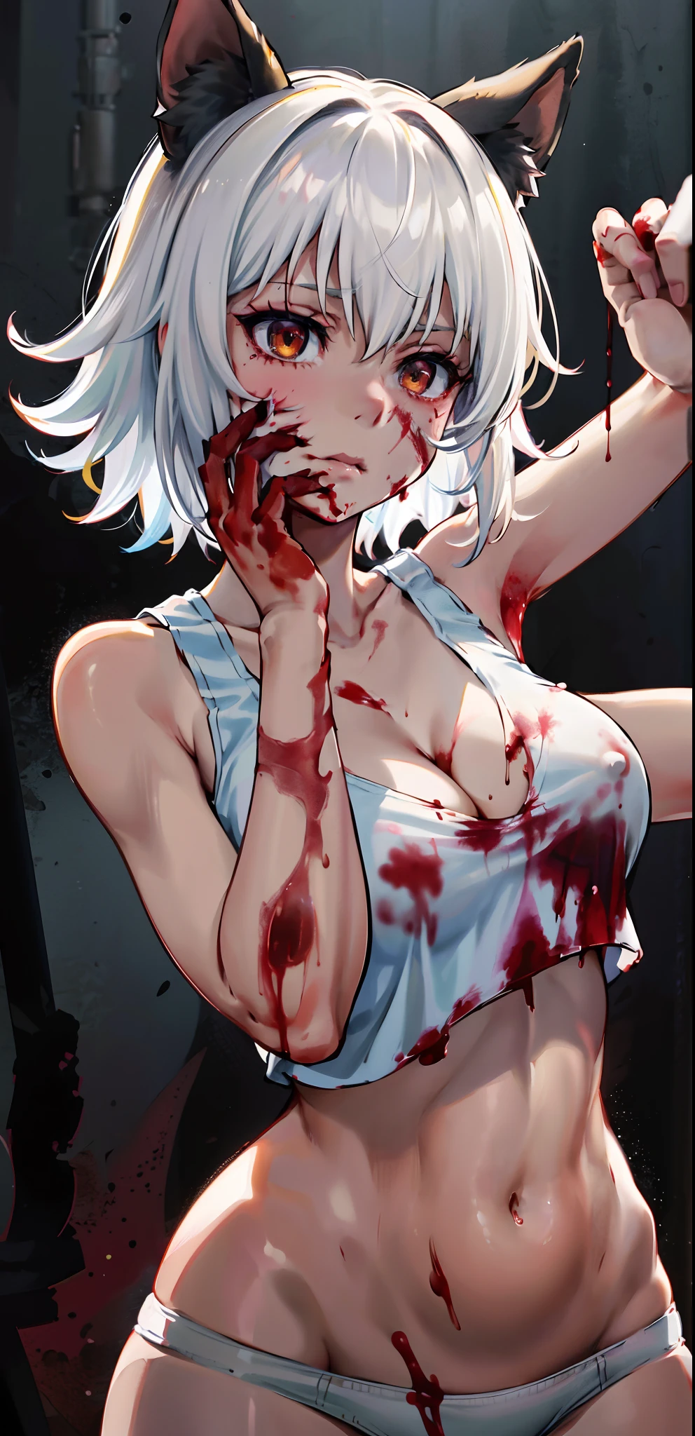 masterpiece, best quality, highres, 1girl, solo, animal ears, white hair, short hair, brown eyes, tail, medium breasts, navel, white panties, cropped tank top, cleavage, (((upper body))), standing, ((blood on face)), blood on hand, (murderer),  close-up, perfect anatomy,  dark theme, (torture room, nsfw)