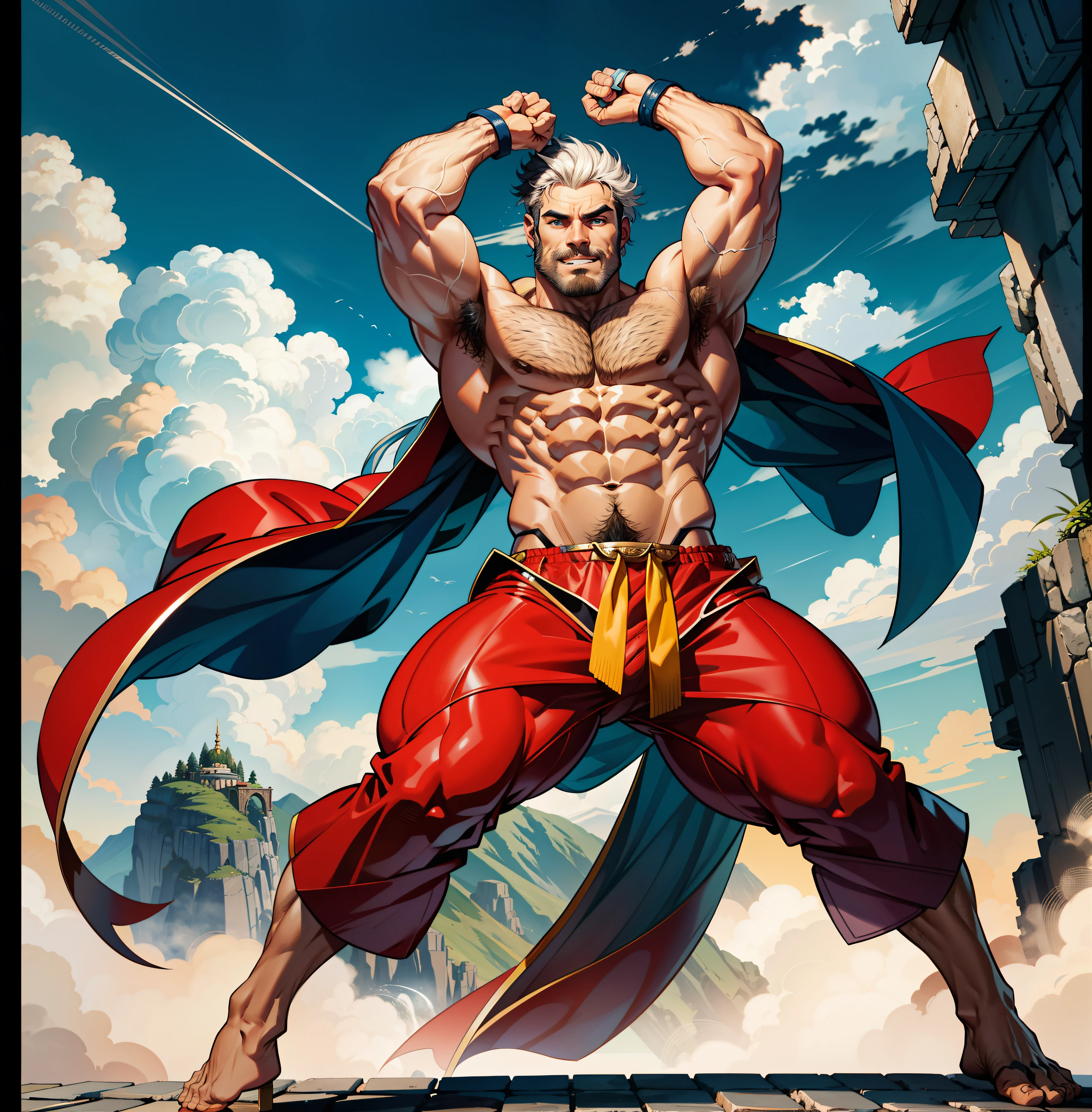 8-pack abs, huge bulging biceps, massive hairy pecs, detailed veiny hands