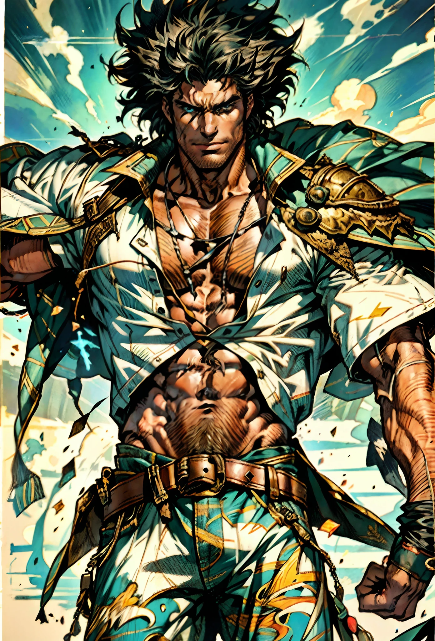 A middle-aged man of about 40, long hair in a striking red and black combination, wild and disheveled hairstyle, a fierce gaze, a confident smile, A lightning-shaped tattoo adorns his left face , a sturdy physique, a majestic fantasy-style coat with short sleeves, a form-fitting scale armor undershirt, Black fur shawl, wrist guards on his wrists, coarse cloth pants, e stands tall like a divine figure against a background of crumbling earth, with floating debris all around, this character embodies a finely crafted child with a fantasy-style dominant in anime style, characterized by an exquisite and mature manga illustration art style, high definition, best quality, highres, ultra-detailed, ultra-fine painting, extremely delicate, professional, anatomically correct, symmetrical face, extremely detailed eyes and face, high quality eyes, creativity, RAW photo, UHD, 8k, Natural light, cinematic lighting, masterpiece-anatomy-perfect, masterpiece:1.5