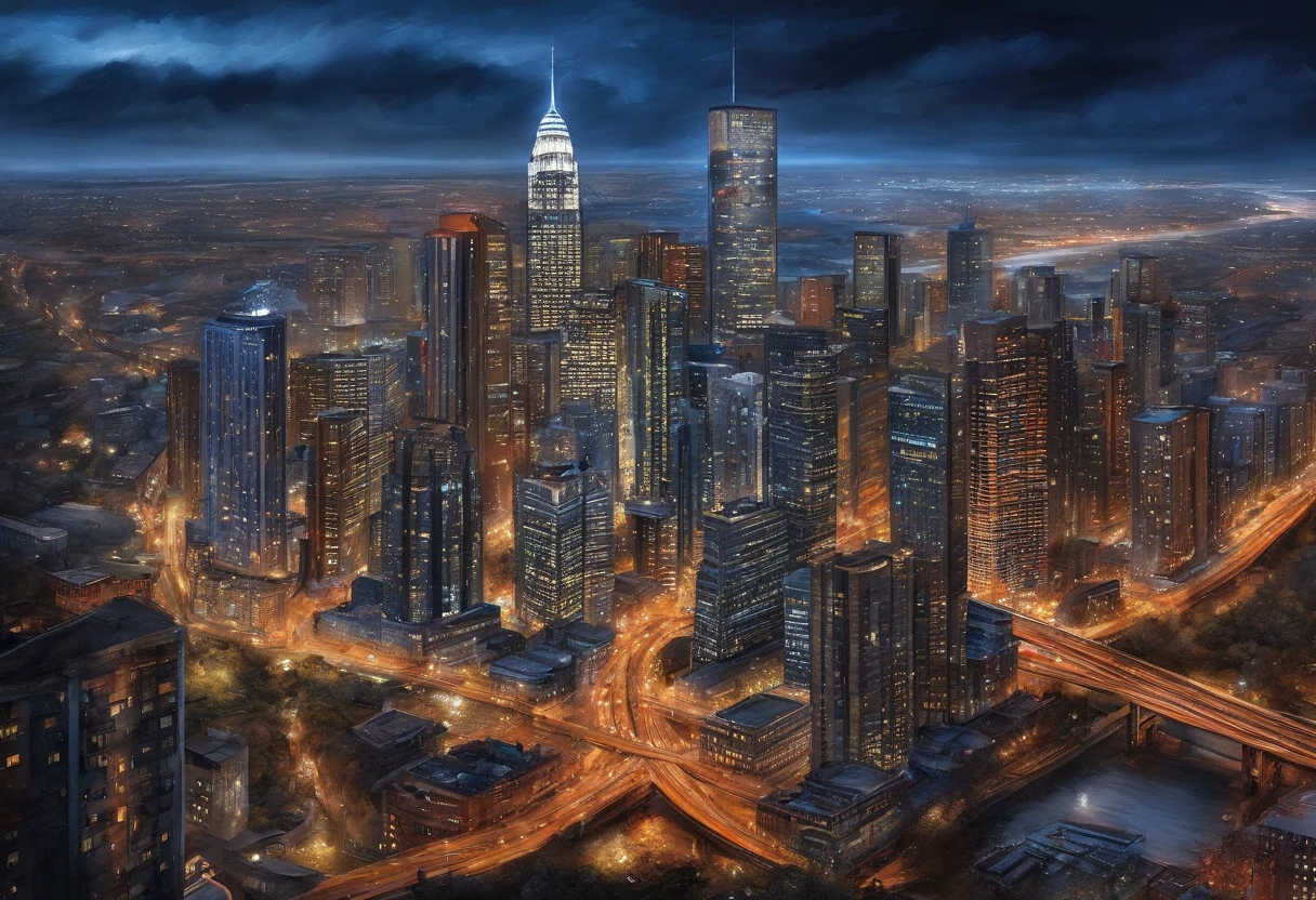 (best quality, 8k, master part :1.2), hyper realistic, Cyberpunk, em uma montanha, uma Xj6 vermelha detalhada, Excesso de velocidade na rodovia, (facing the audience), The blue skyscraper in the background, at night, com imagens realistas