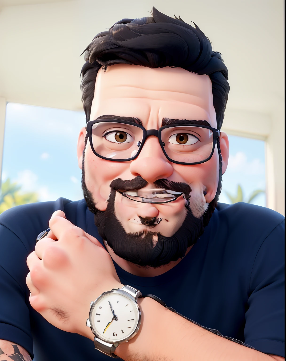 obra-prima, de melhor qualidade, A man with black hair in glasses and beard with watch and tattoo on hand cut hair, melhor qualidade