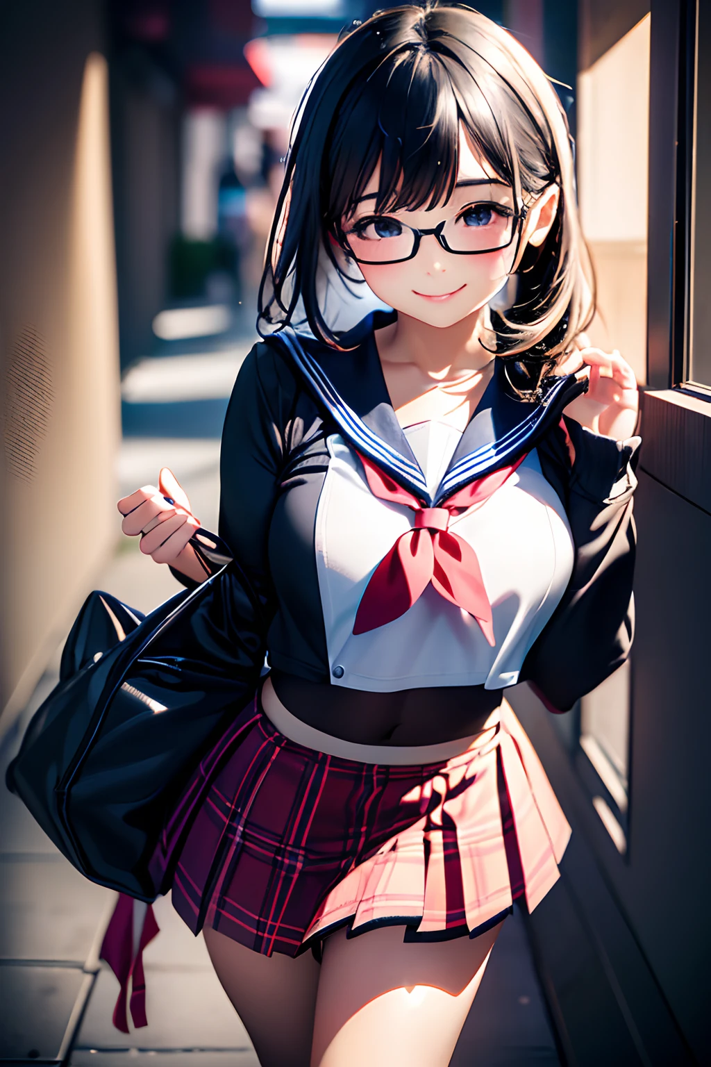 (((drooing eyes,Small eyes,put on glasses,roundly eyes,with round face,Medium Hair))),(((hi-school girl,a sailor suit,a short skirt,poneyTail,Beautiful black hair,Floating hair))),((masutepiece,Full body,Wide background,high,school buildings,School Grounds)),Beautiful detailed skin,Perfect human anatomy,perfect hand,beautiful boob,portrait of a beautiful woman,Perfect face,(Cute smile,Bright smile),Girl in Japan costume,Cute look,Cute emotions,Think,(blush),enticing lips,Perfect eyes,Cinematic scene,Cinematic,fulcolor,4K,8K,Raw photo,Studio portrait,professionally color graded,Professional Photography,(an extremely delicate and beautiful art)1.3,Elegant,Active Angle,Soft light,Lens Glow,soft clean focus,Realistic lighting and shading,Best Quality,top-quality,hight resolution,(1girl in:1.3),Depth of subject