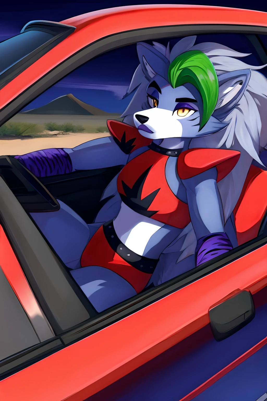 best quality, fnafroxanne, furry female, body fur, makeup, wolf ears, wolf tail, grey hair, green hair, yellow eyes, crop top, desert highway setting, pov: driving with roxanne in car (Ford F250 interior), pov passengers seat view, roxanne sitting in drivers seat, hands holding steering wheel driving, eyes looking out towards oncoming road